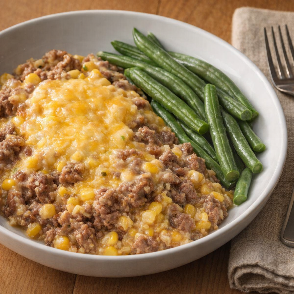Served casserole in a bowl with green beans on the side