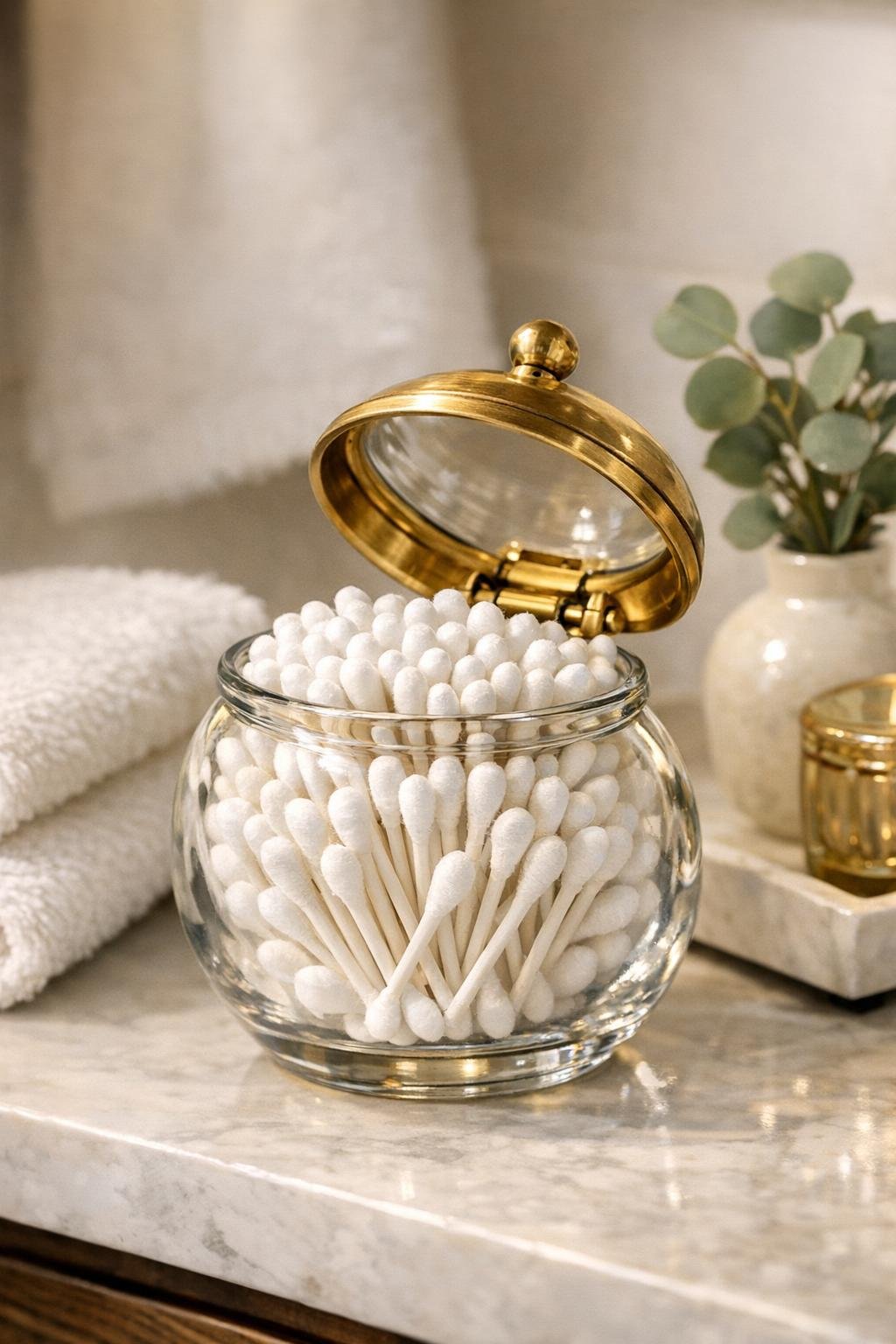 Finished q-tip dispenser in a bathroom setting
