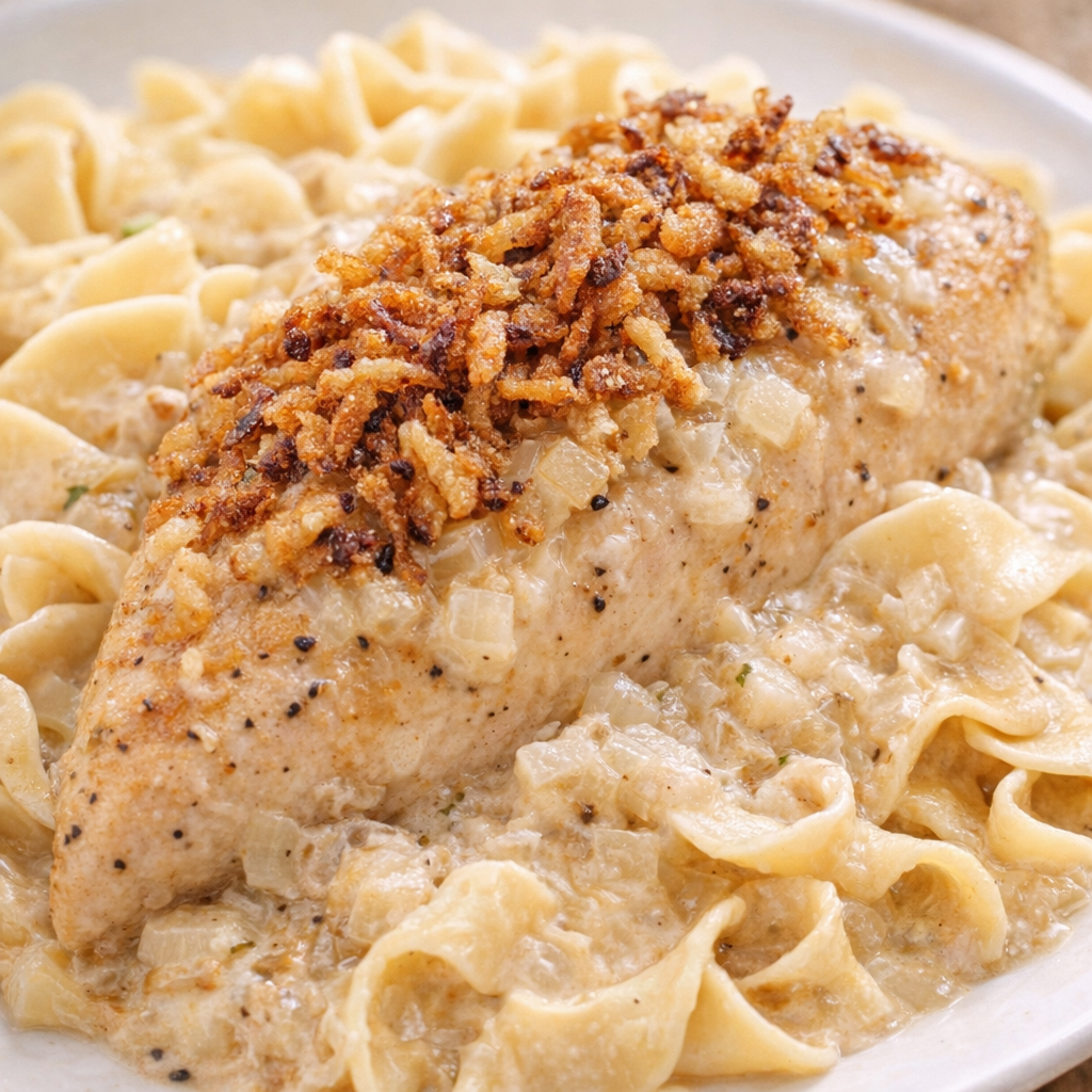 French onion chicken served over buttered noodles with extra onion sauce