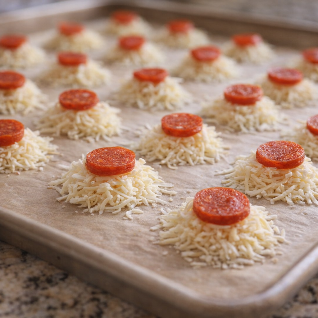 Cheese mounds and pepperoni arranged on a baking sheet