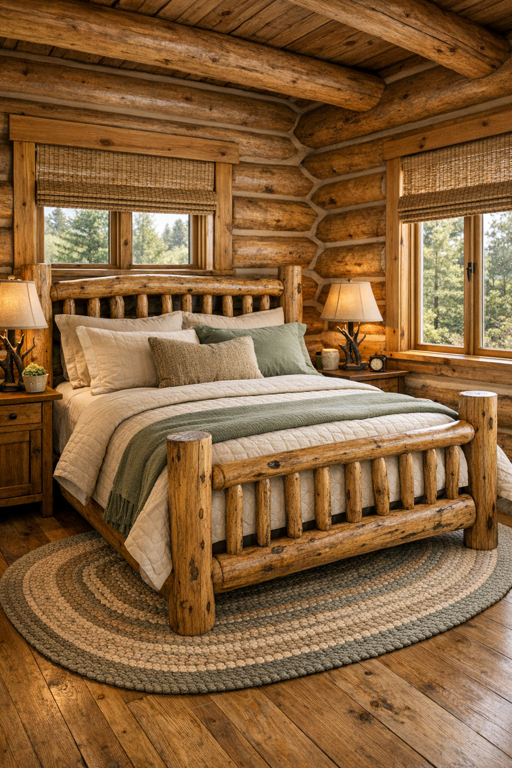 Quiet log home bedroom with handcrafted wood bed, soft linens, and muted natural tones