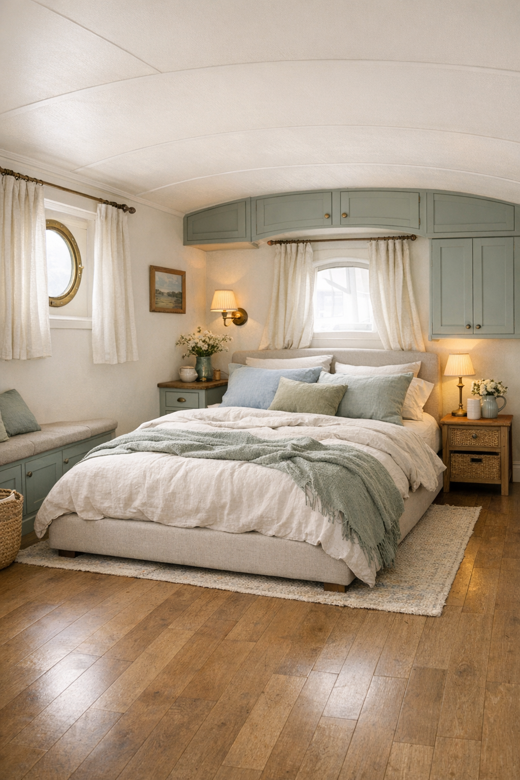 Calm French country bedroom with upholstered bed, linen bedding, and soft blue accents