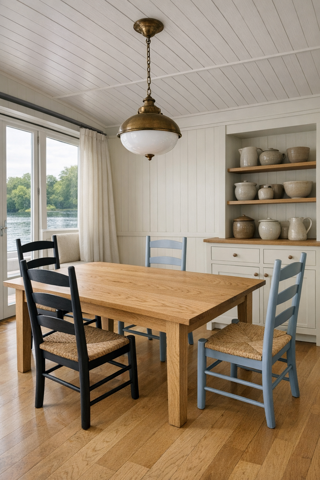 Simple dining room with ash table, ladder-back chairs, and built-in sideboard