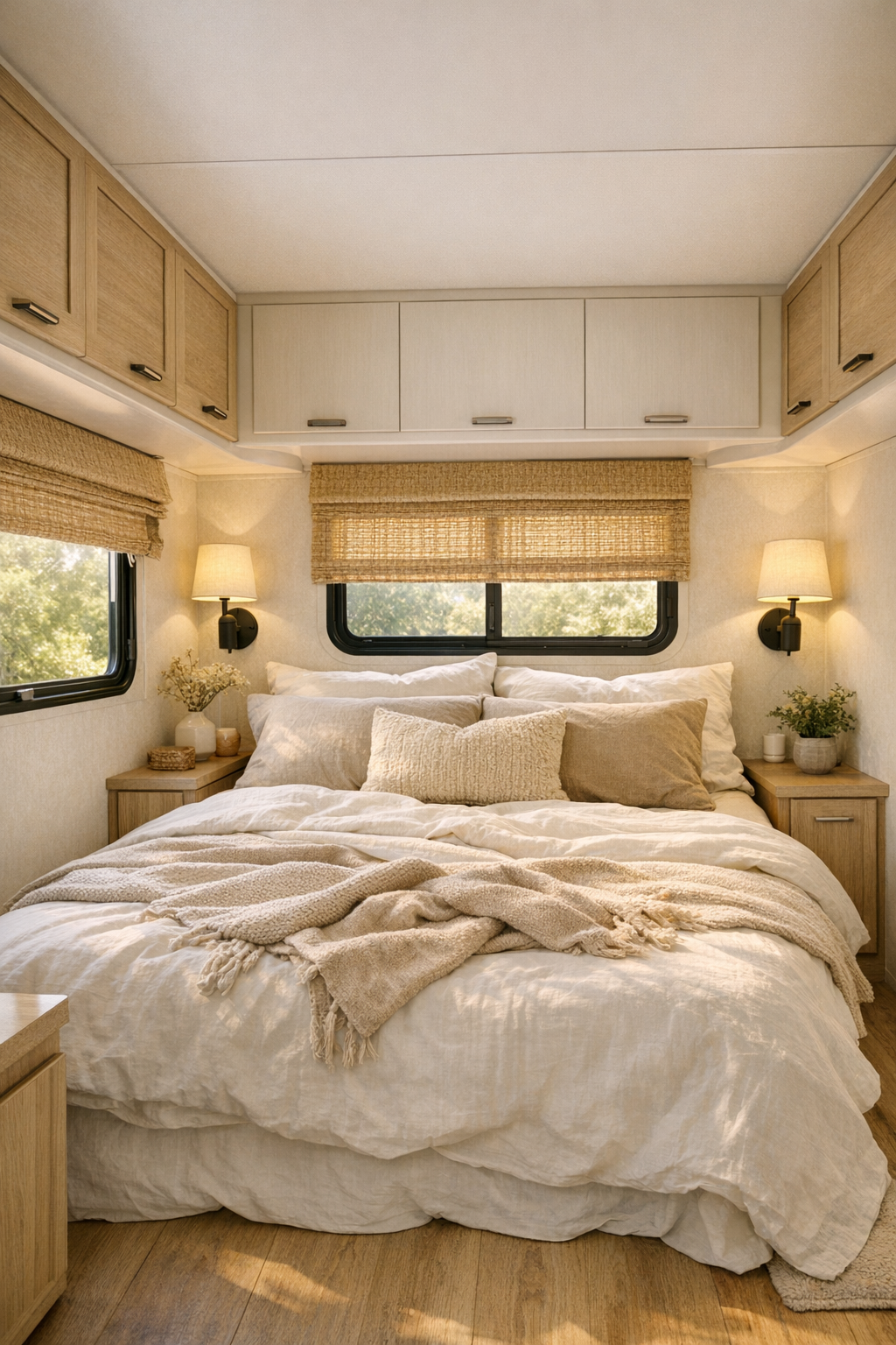 Serene RV bedroom with layered neutral linens, soft lighting, and pale wood storage