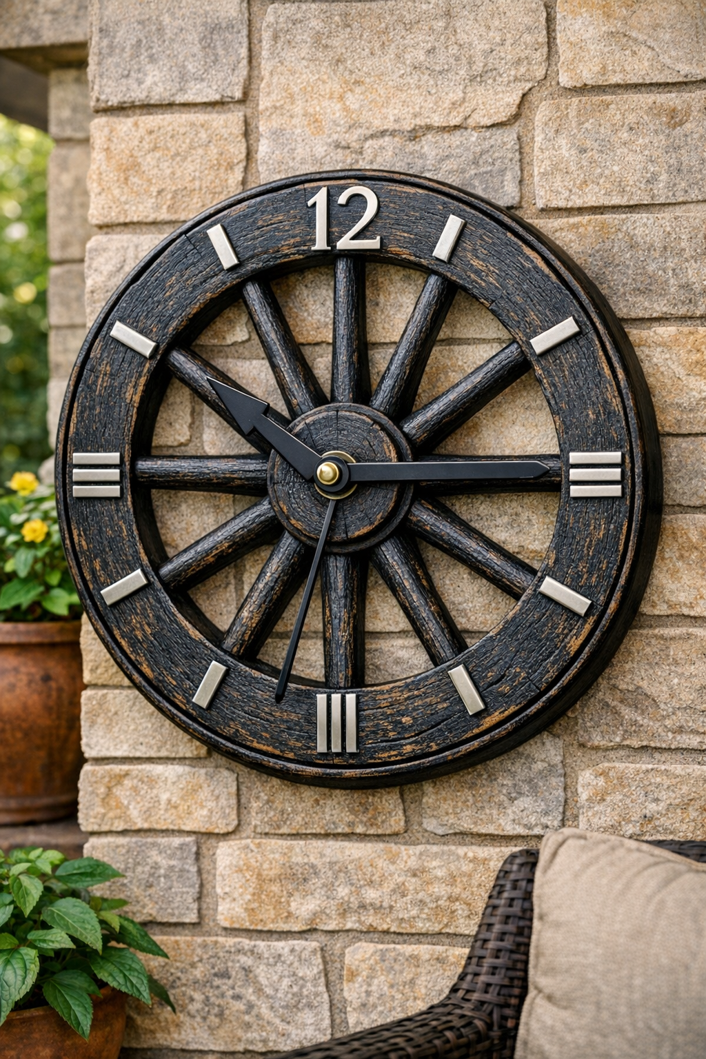 Finished outdoor clock made from a painted wooden wagon wheel with metal hour markers