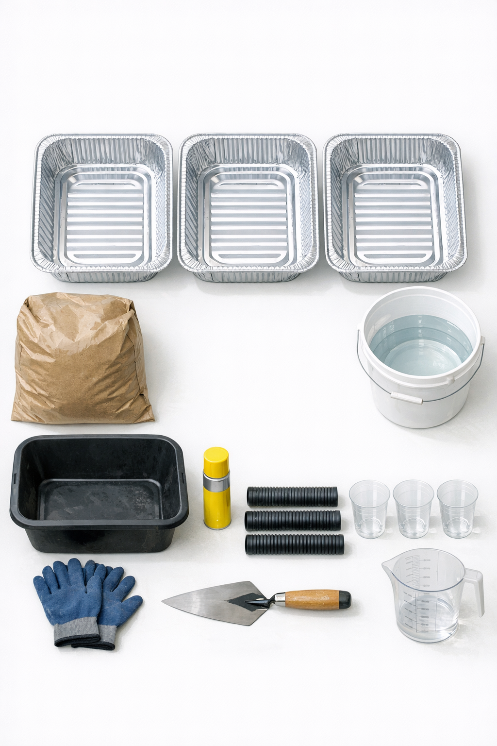 Materials for making ribbed patio slabs laid out on a work surface
