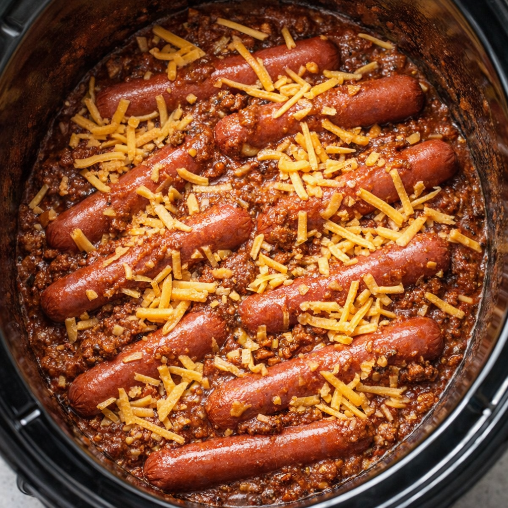 Slow cooker layered with hot dogs, chili, and shredded cheese before cooking