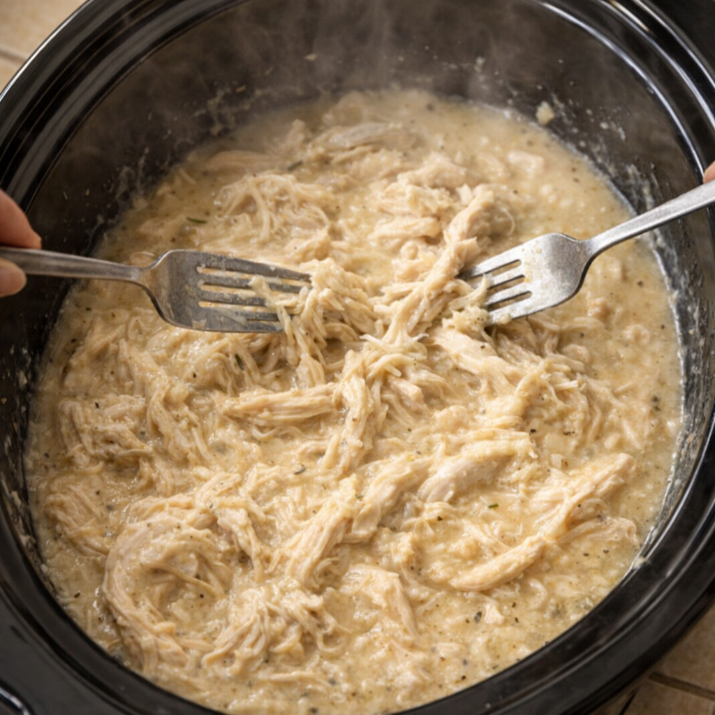 Tender shredded chicken in creamy slow cooker broth