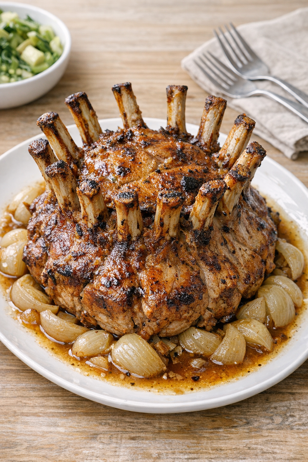 Finished slow cooker pork crown roast on a serving platter