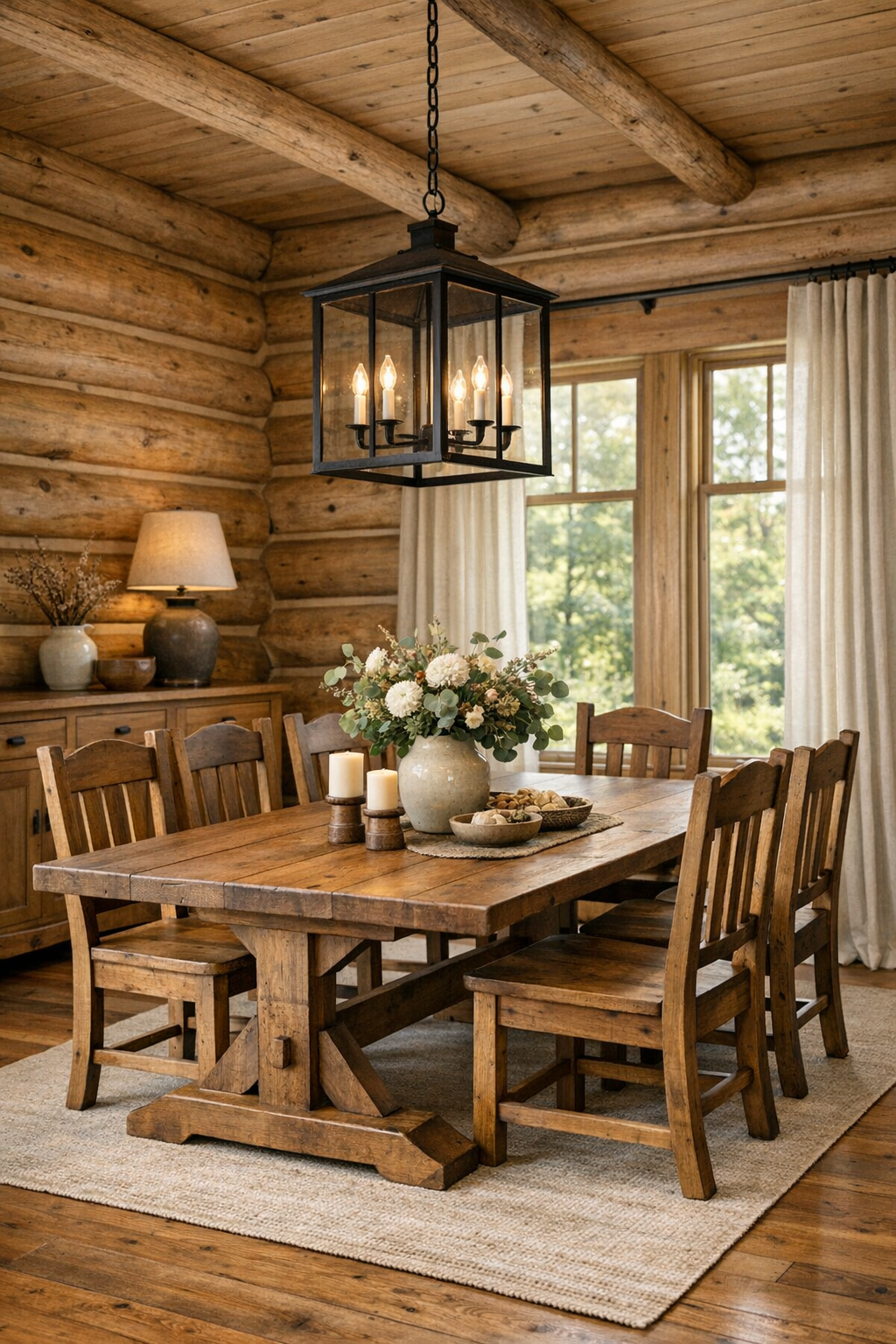 Craftsman-style dining room with solid wood trestle table in a warm log interior