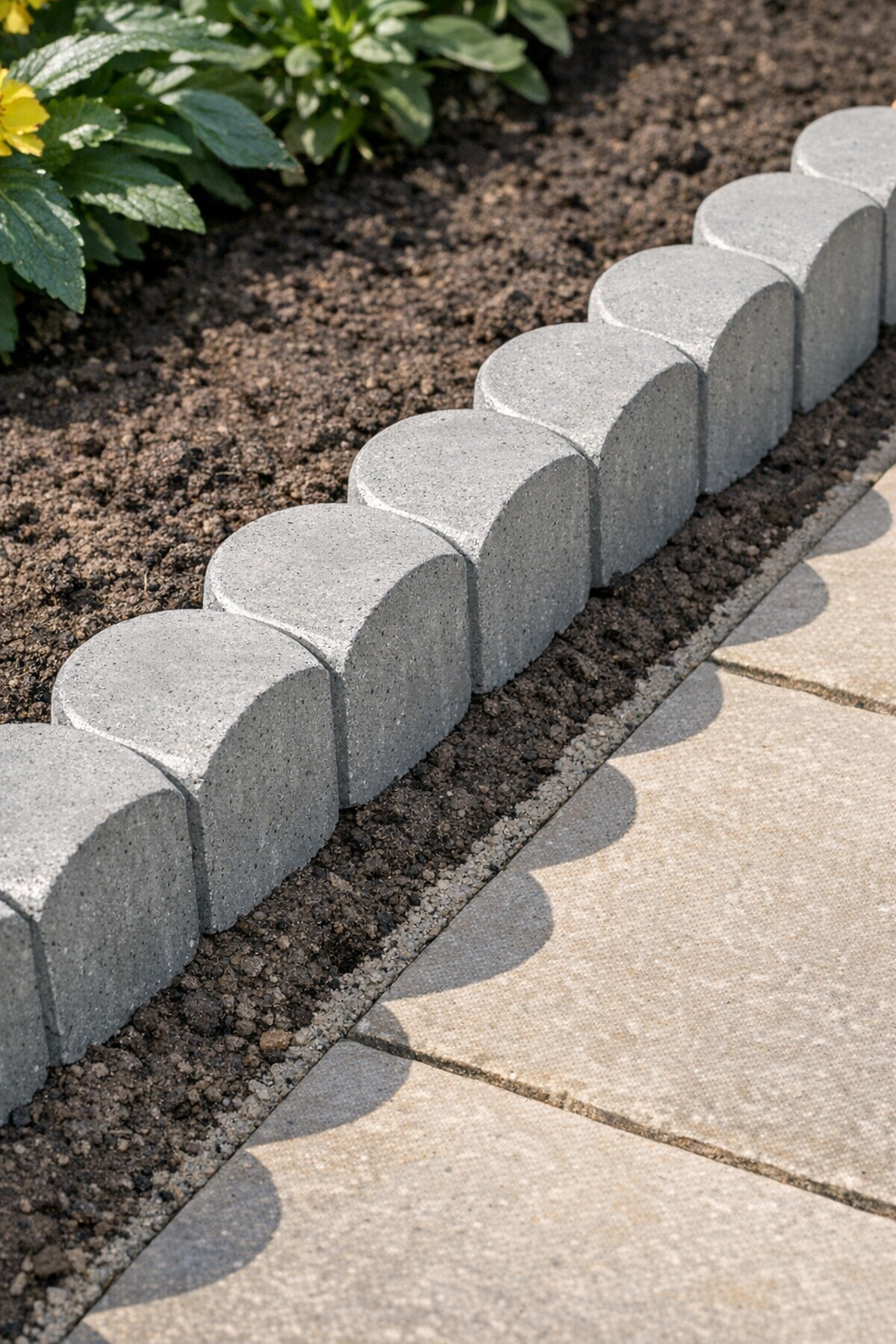 Finished scalloped cement patio edging installed beside a patio