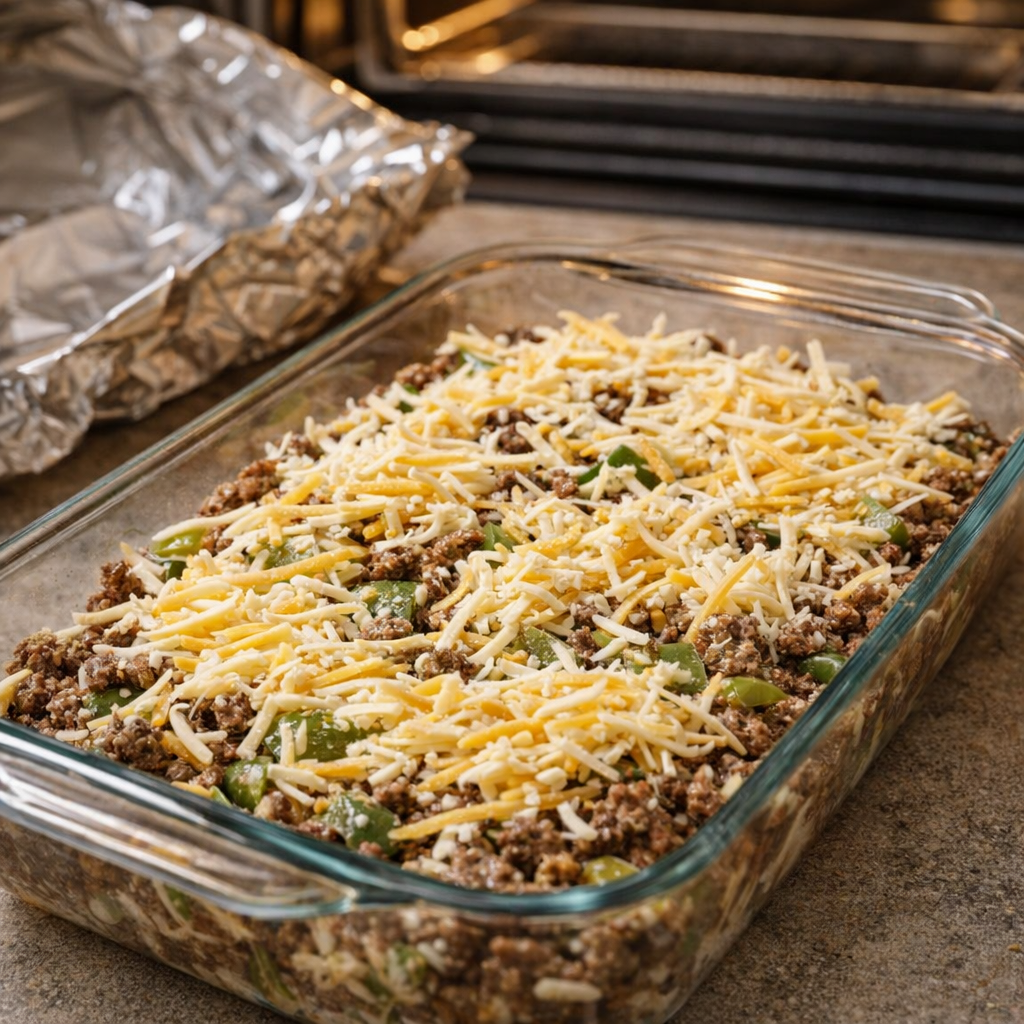 Cheese-topped casserole ready to go into the oven
