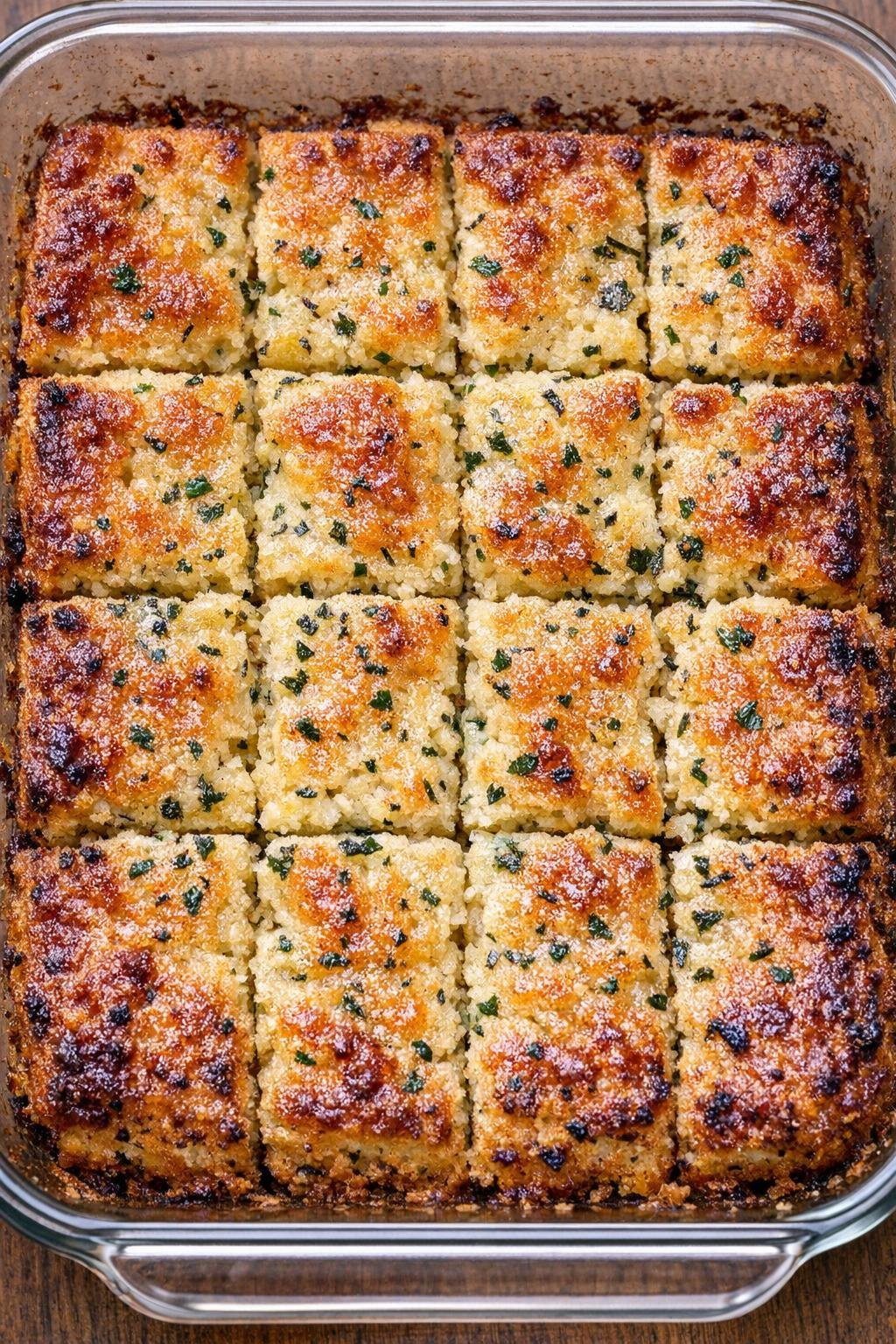 Southern 3-ingredient buttery herb squares in a glass casserole dish