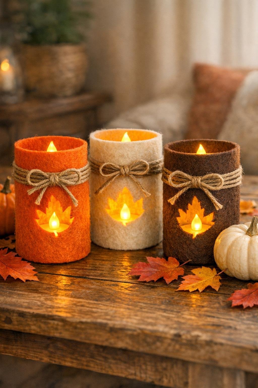 Finished set of three textured harvest luminaries on a table