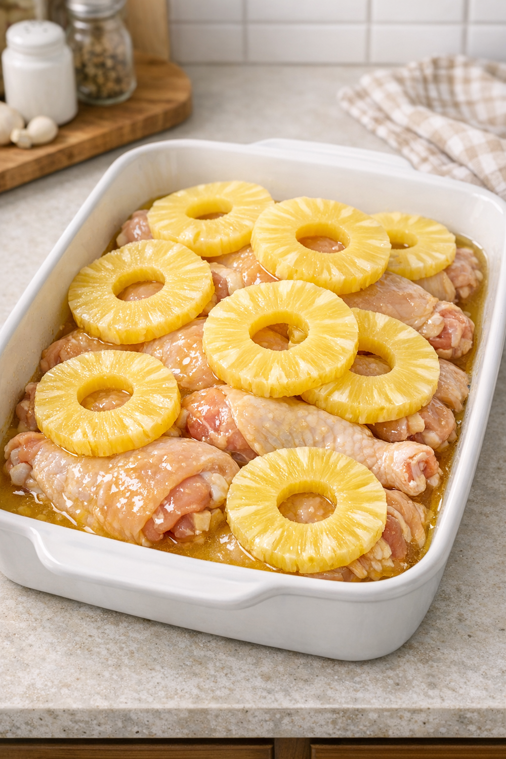 Chicken arranged in baking dish with pineapple added