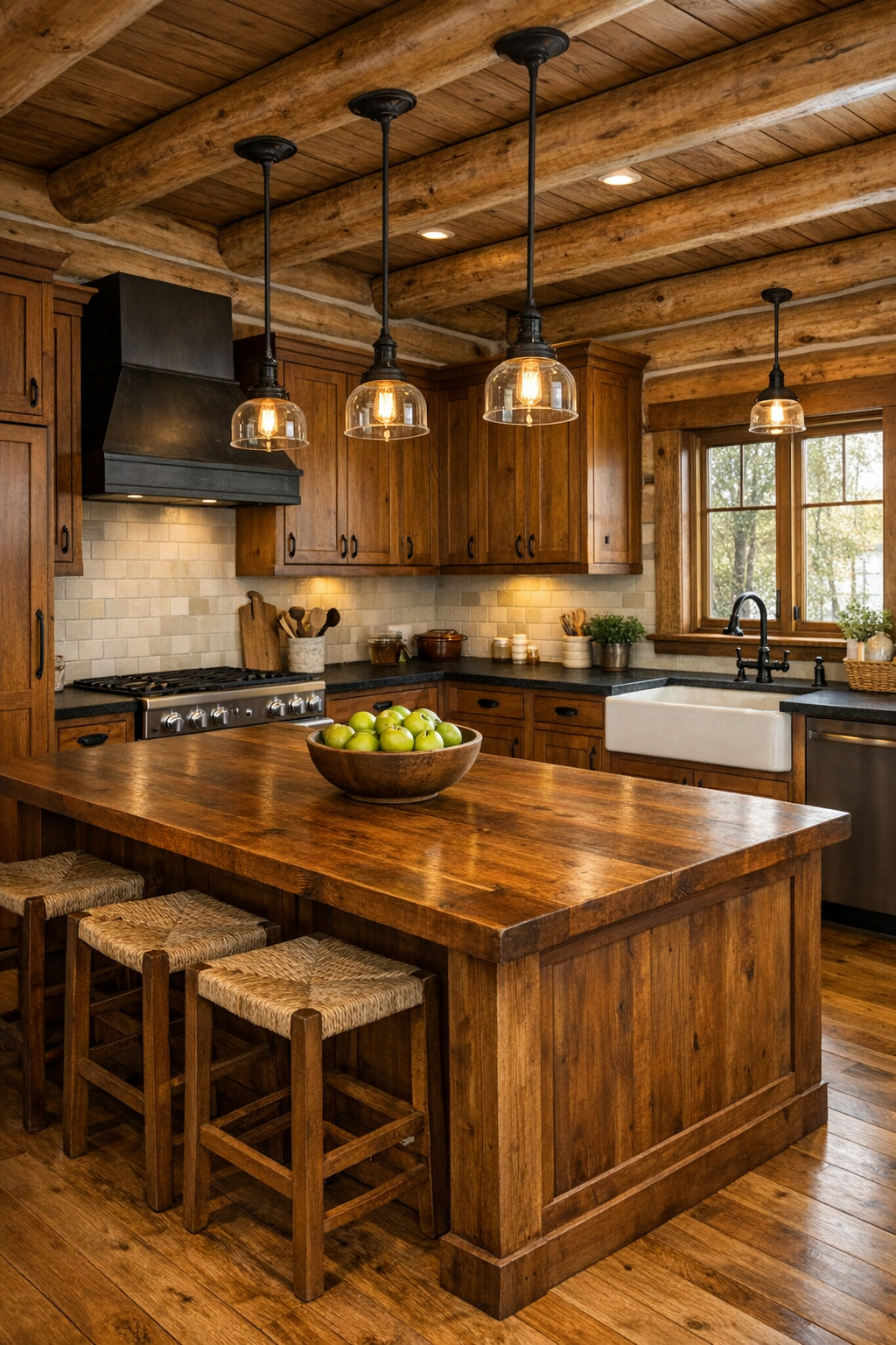 Craftsman log home kitchen with Amish cabinetry, farmhouse sink, and large island