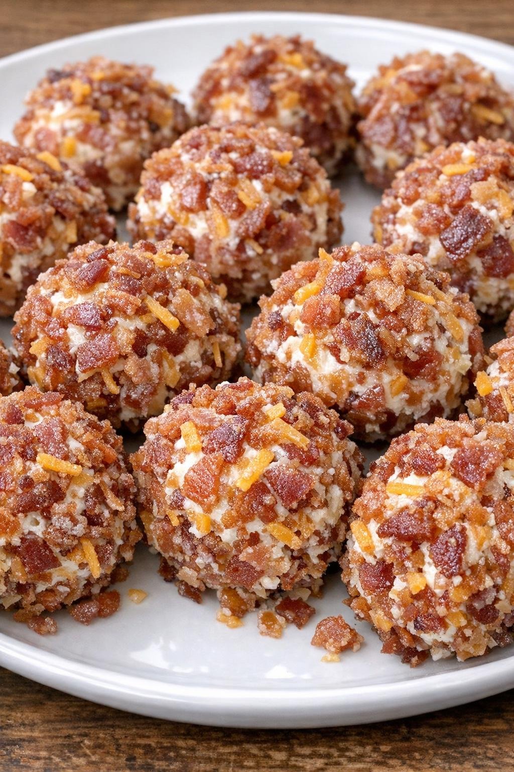 Bite-size chilled bacon cheddar cream cheese bombs on a white platter