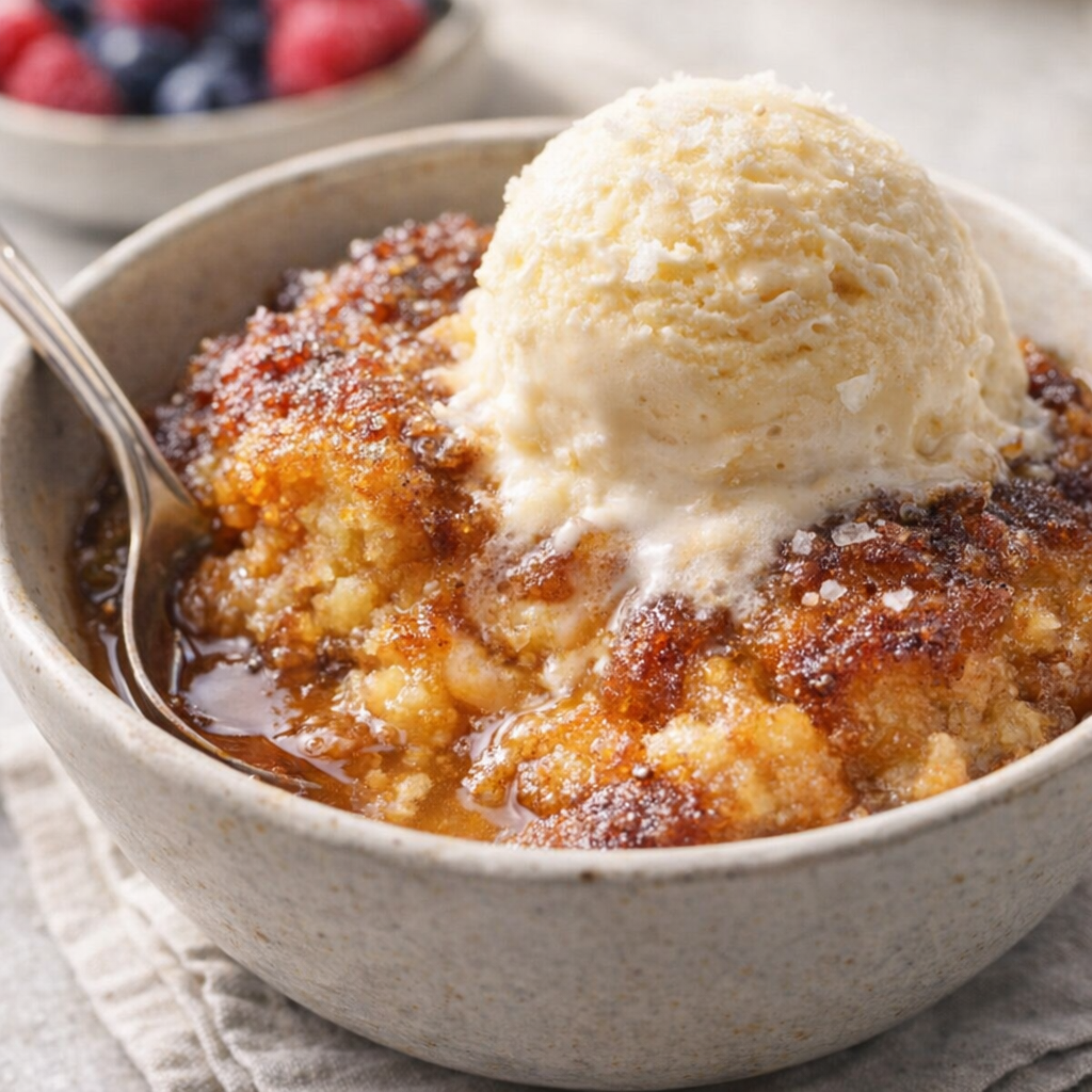 Warm caramel dessert served in a bowl with ice cream