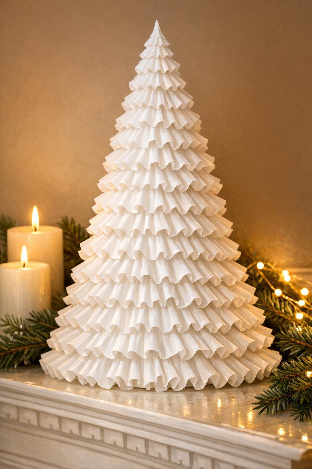 Finished porcelain ruffle Christmas tree made from coffee filters