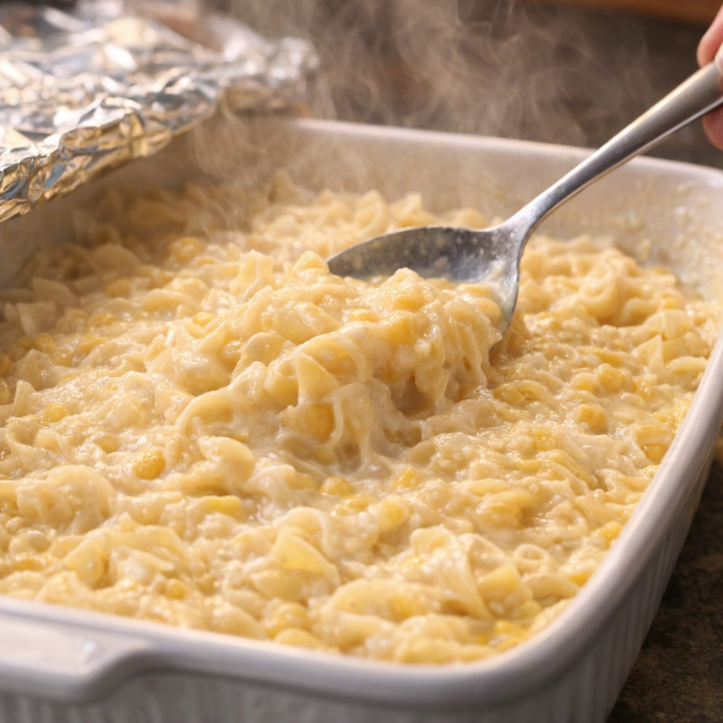 Baked corn noodles being stirred after coming out of the oven