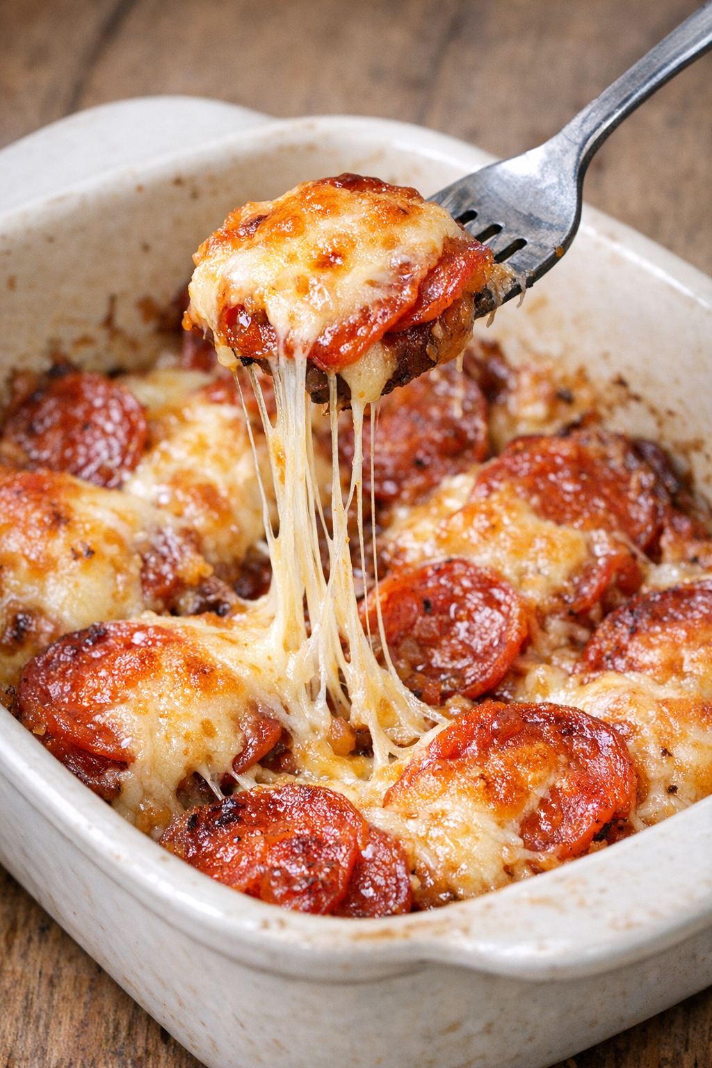 Low carb pepperoni Gladstone bites in a casserole dish with a cheese pull