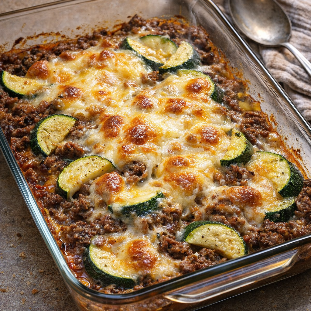 Freshly baked cheesy beef zucchini casserole in a home kitchen