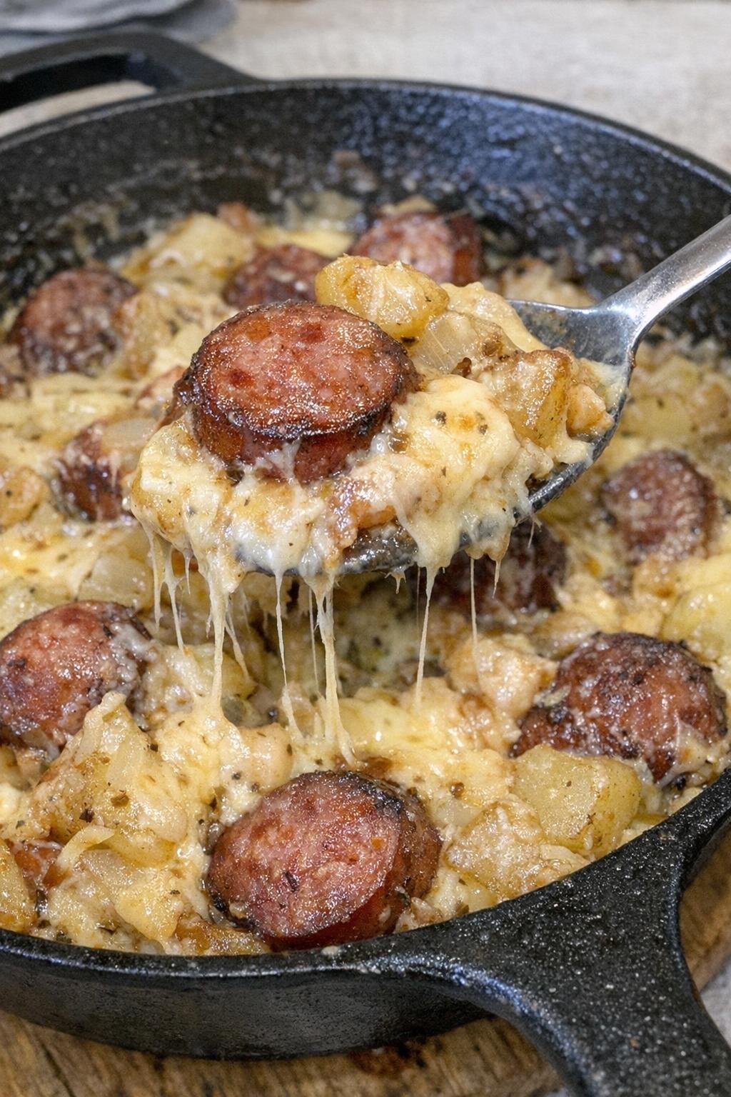 Browned smoked sausage and melted cheese in a cast iron skillet