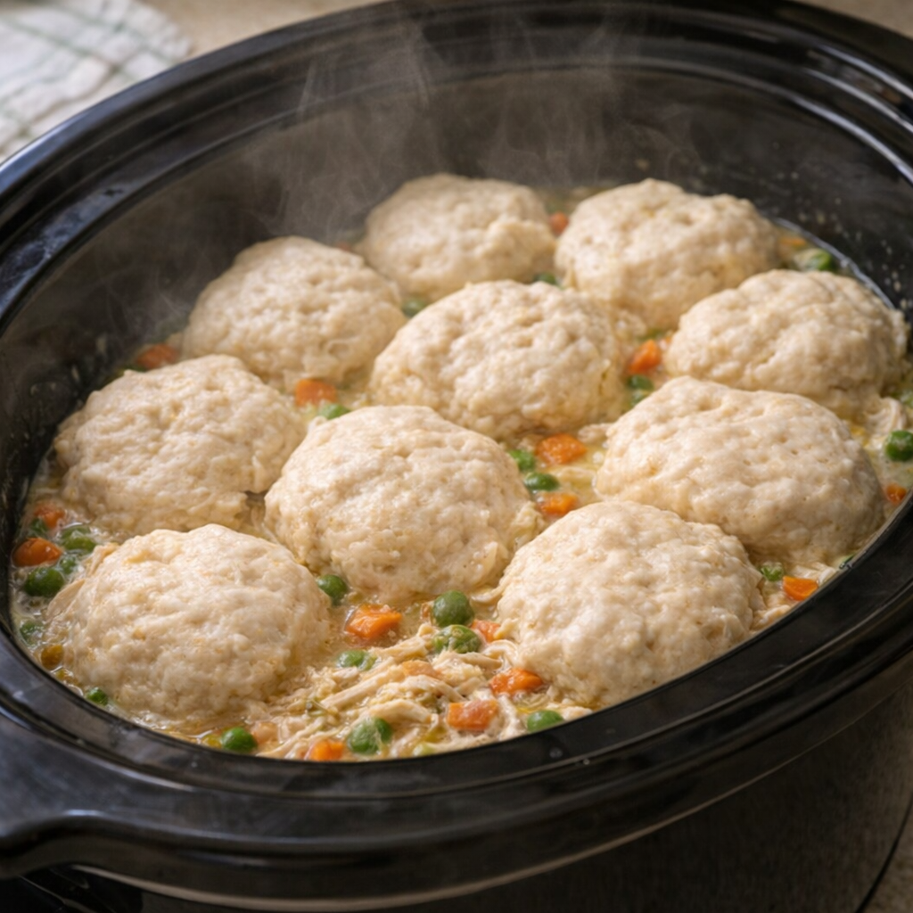 Biscuit pieces layered over shredded chicken in the slow cooker
