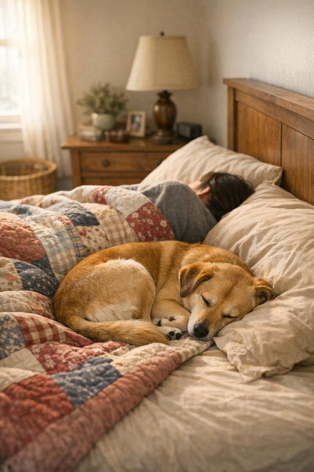 Dog settled into its usual sleeping spot beside its owner