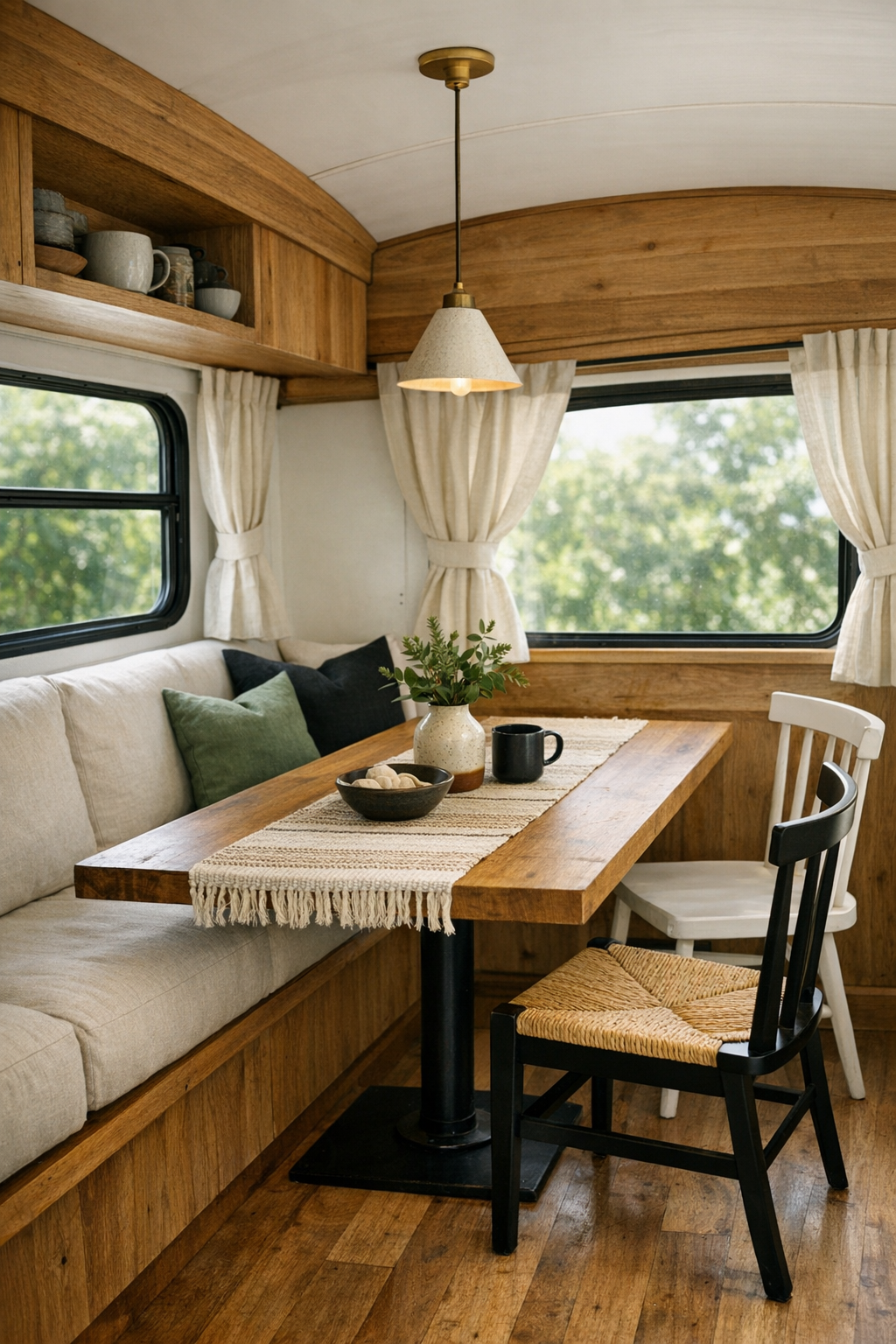 Compact dining nook in the bus with a built-in wood table and bench seating