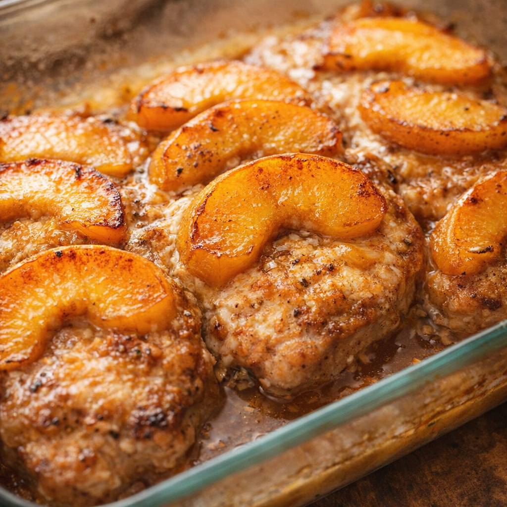 Caramelized baked peaches glistening over the finished pork chops