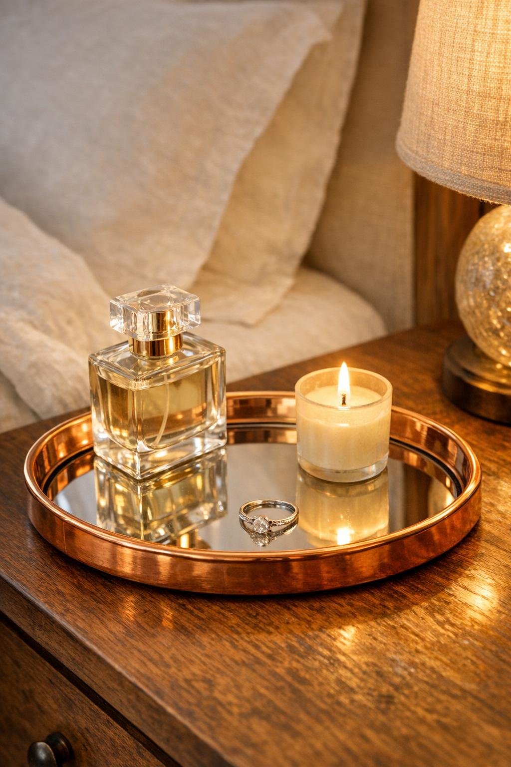 Completed mirrored copper nightstand tray styled on a bedroom nightstand