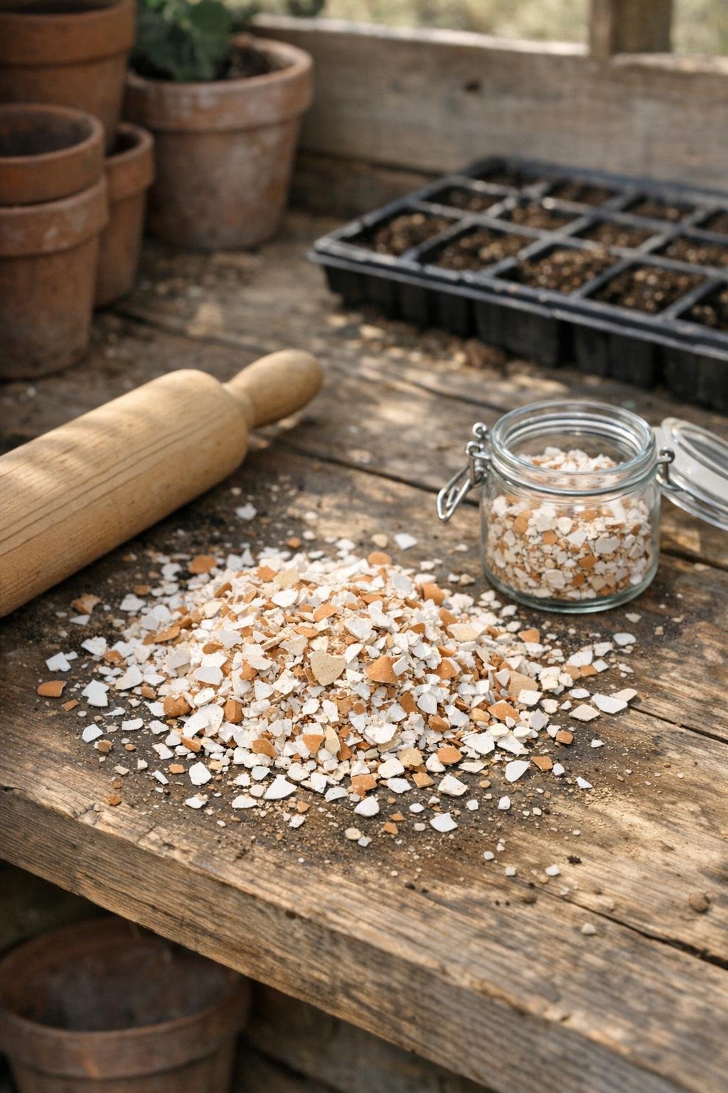 Dried eggshells crushed into small pieces on a garden work surface