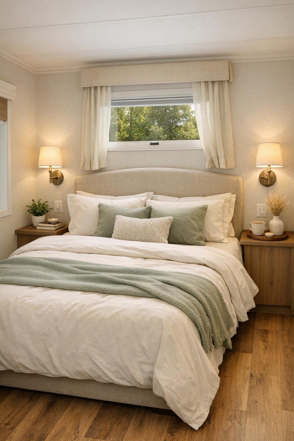 Serene small bedroom with layered natural bedding and built-in storage