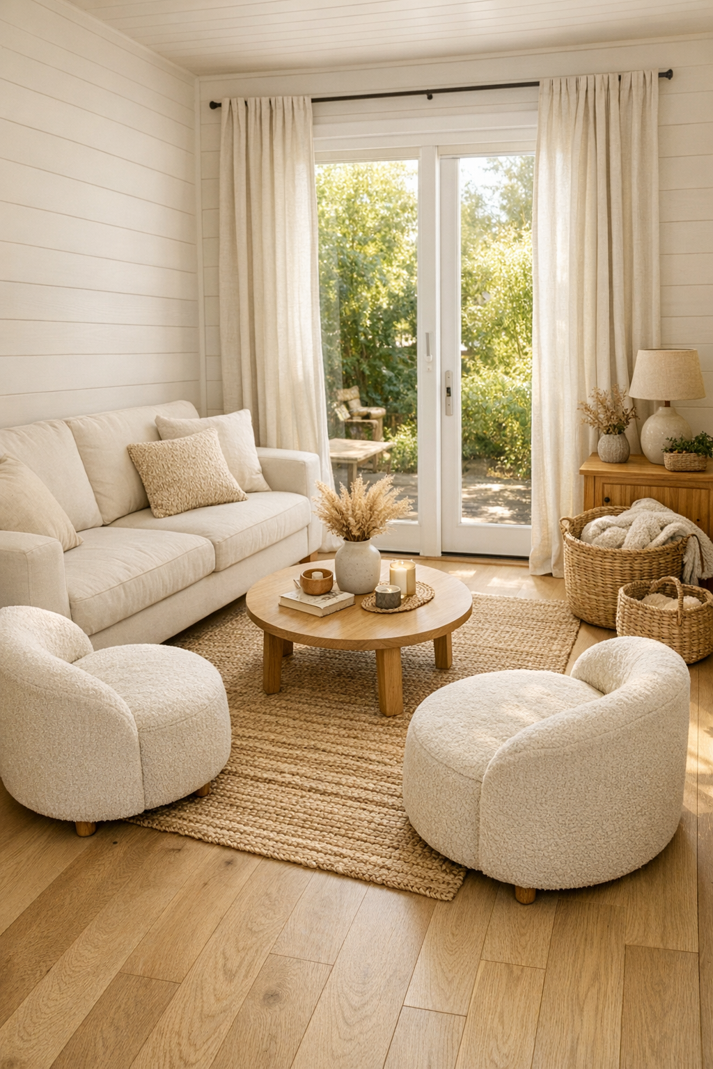 Soft wheat tiny home living room with pale oak floors and creamy seating