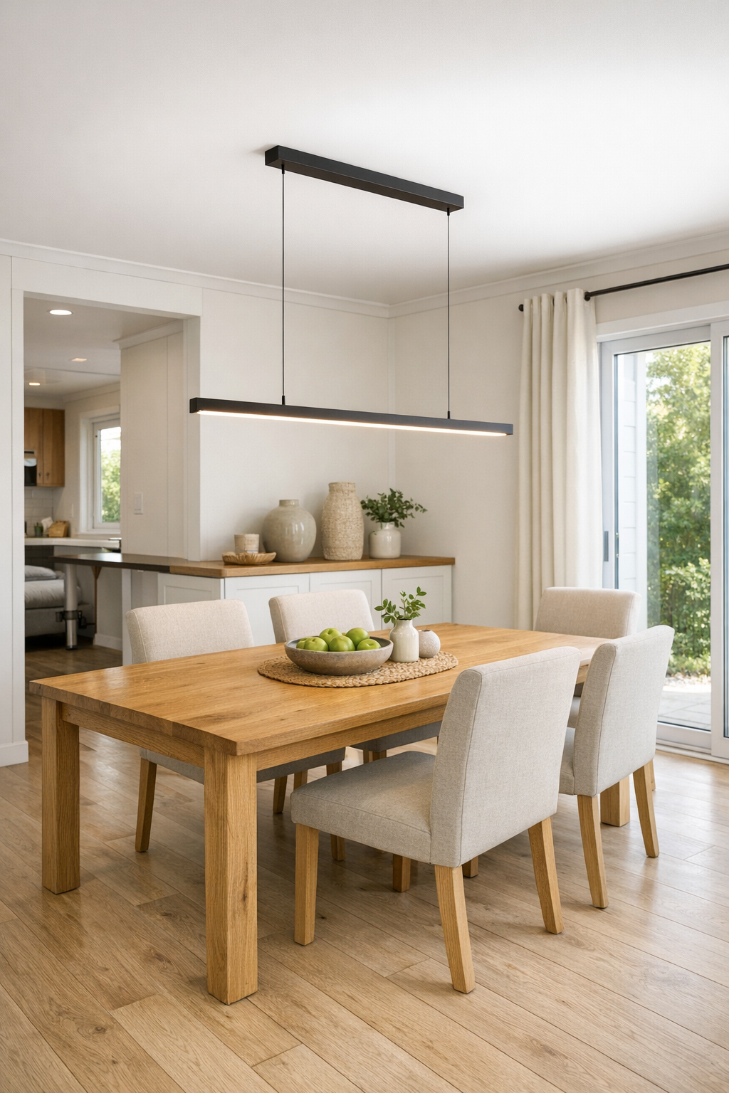 Modern dining room with an oak table, upholstered chairs, and a simple linear pendant light