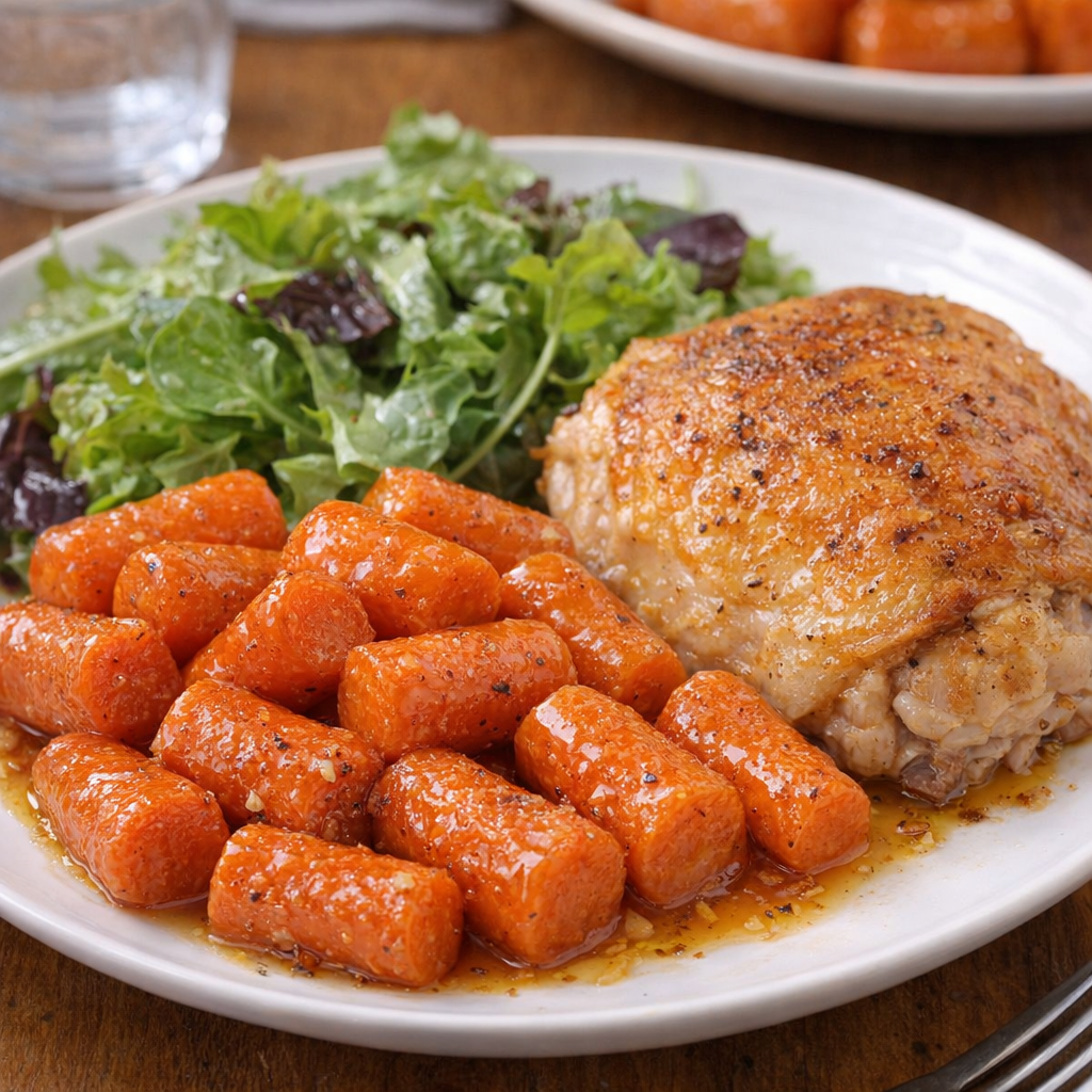 Weeknight dinner plate with glazed carrots, baked chicken, and salad