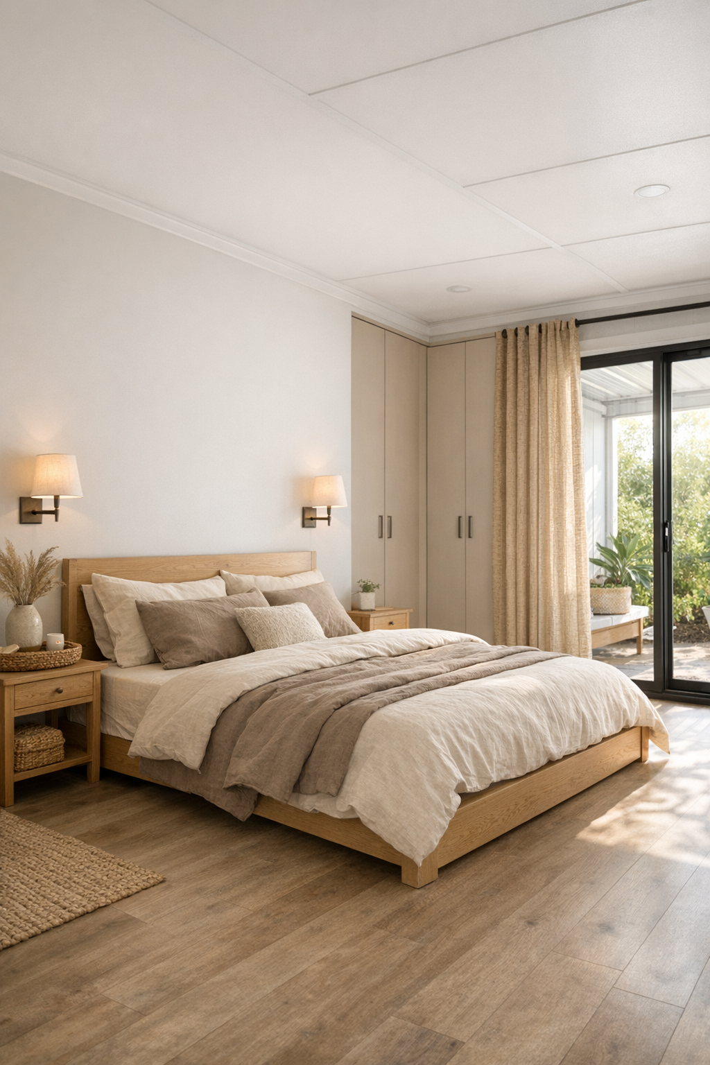 Calm accessible bedroom with layered neutral bedding and light wood details