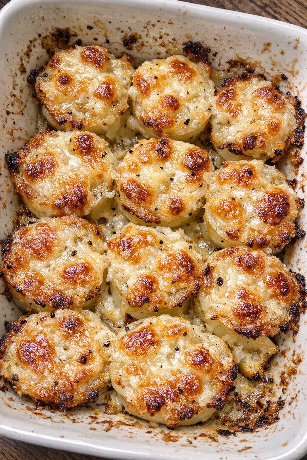 Swiss potato gratin bites baked until bubbly and golden in a casserole dish