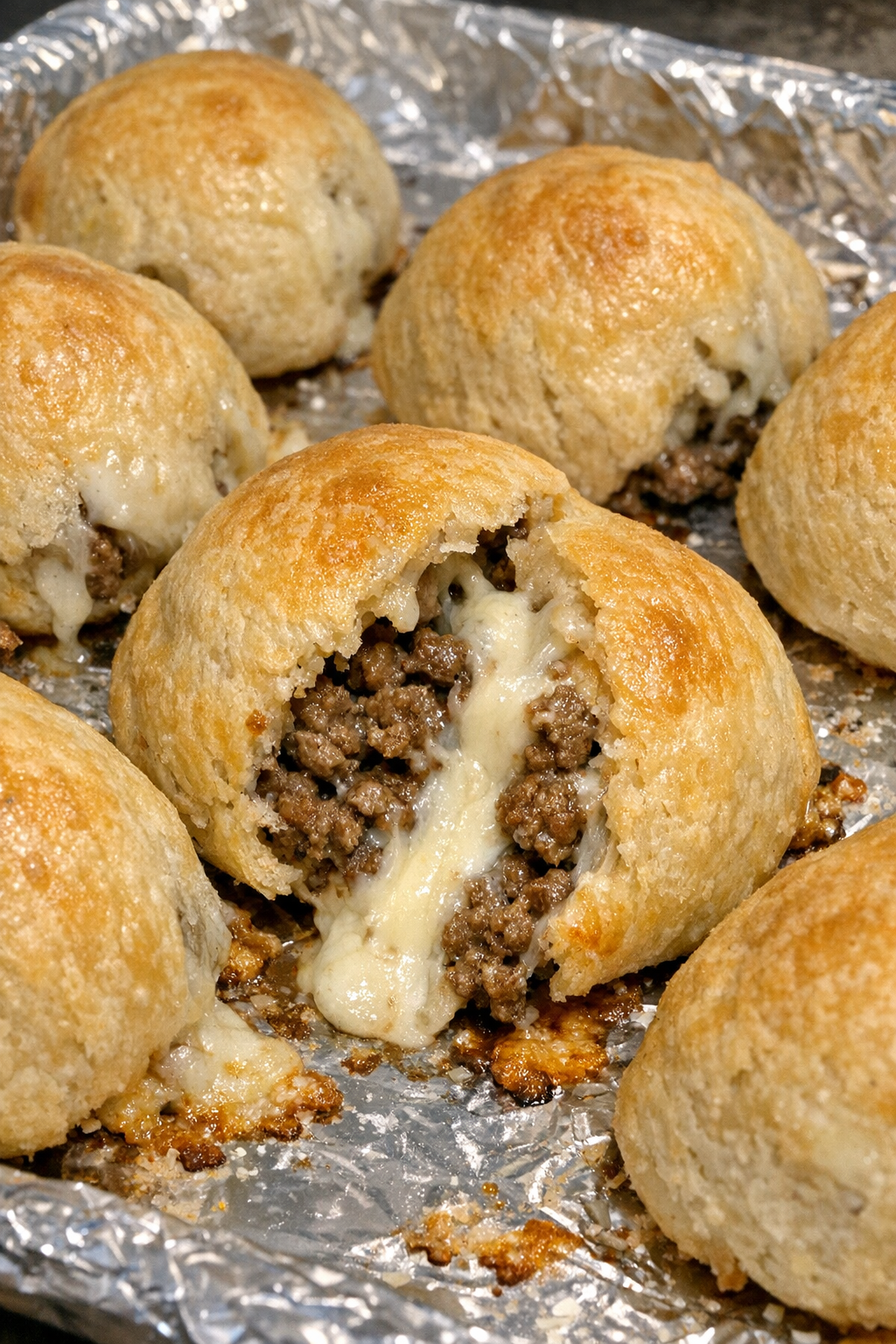 Close-up of golden beef crescent bombs fresh from the oven