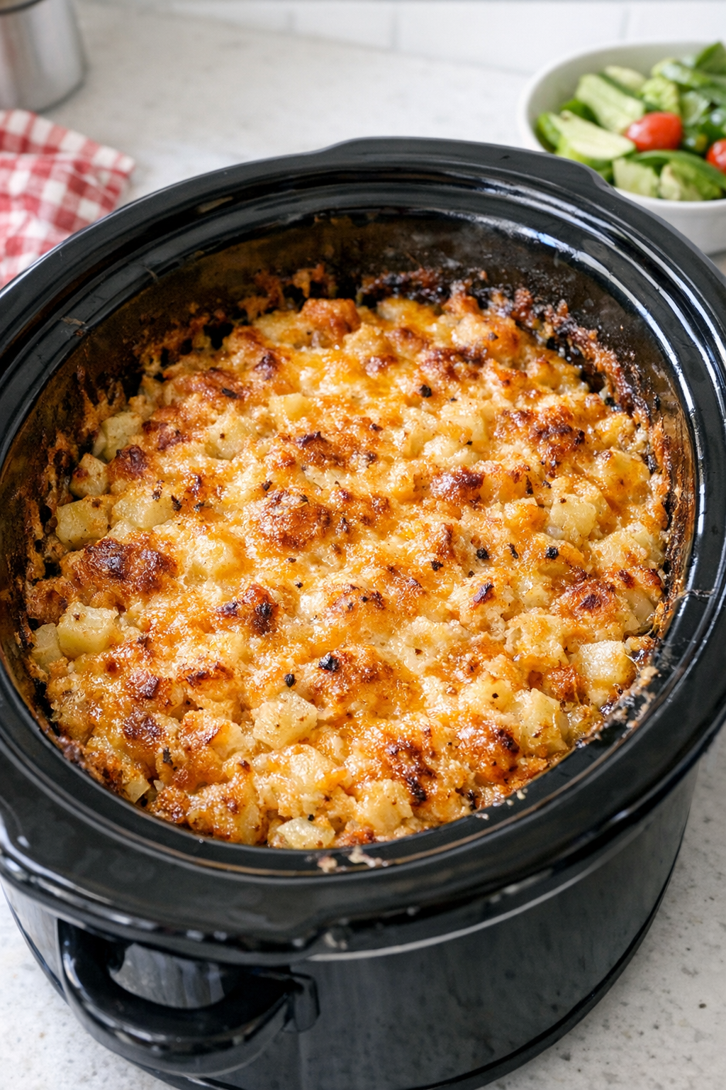 Finished cheesy hash brown casserole in a slow cooker