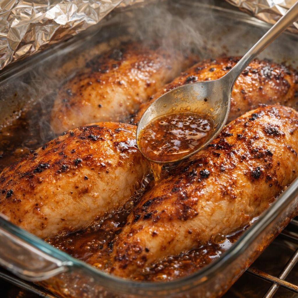 Chicken Huntington halfway baked with sauce being spooned over top