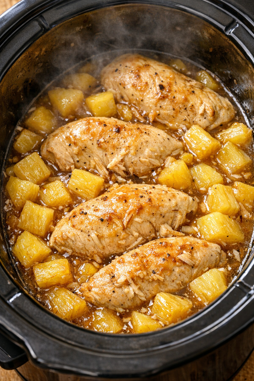 Cooked chicken and pineapple in slow cooker