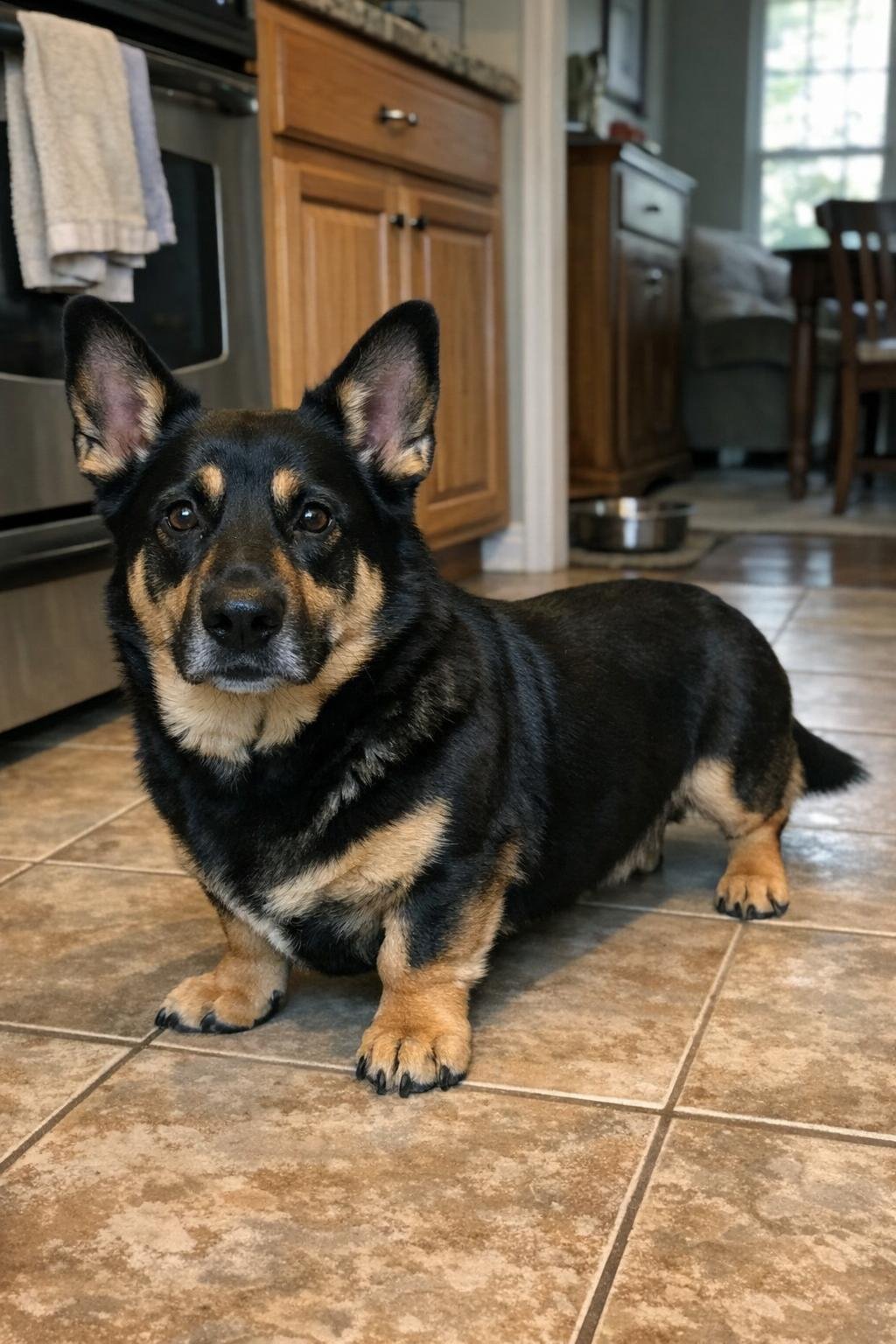 A black and tan dog with a German Shepherd head and very short Basset Hound legs standing on a kitchen floor