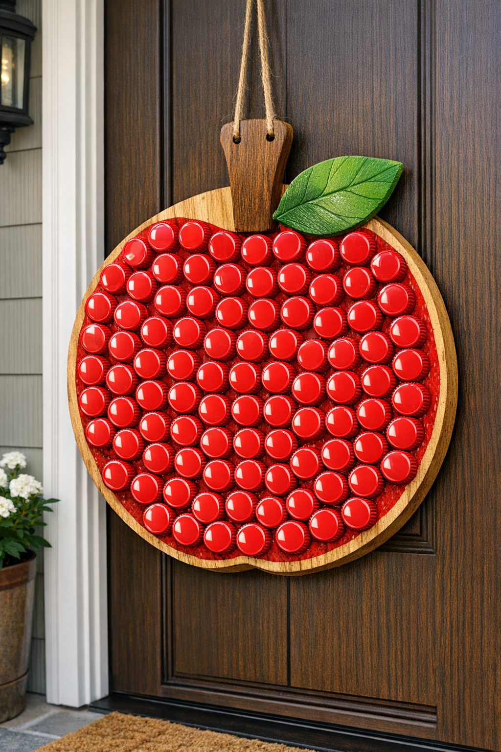 Finished giant apple front door hanger made from red bottle caps on a pizza paddle