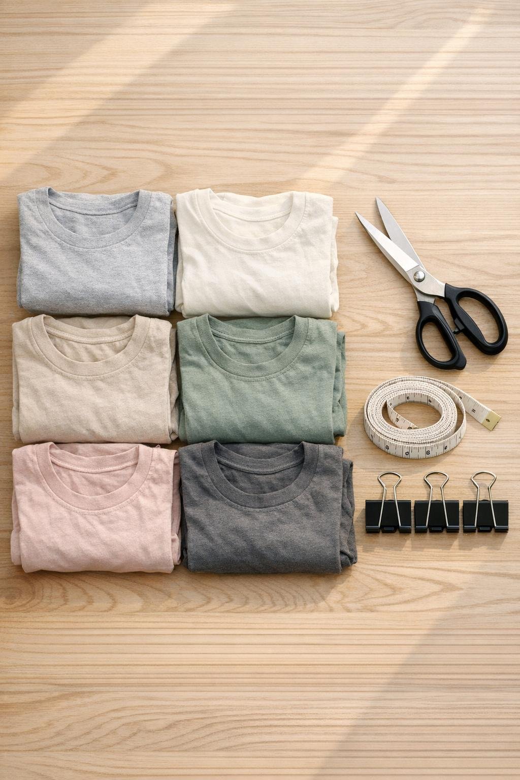 Old t-shirts and simple tools laid out for making t-shirt yarn