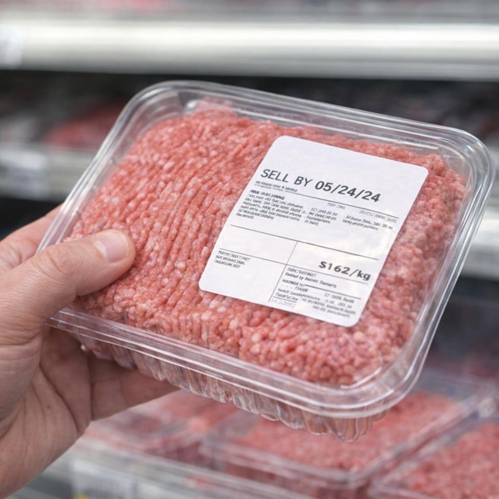 Hand holding a ground beef package to read the label and sell-by date