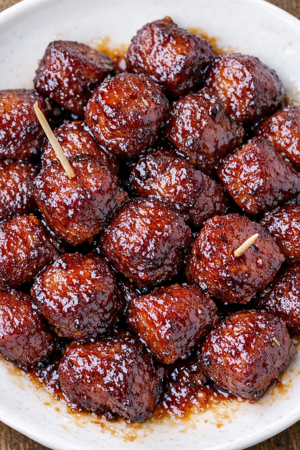 Southern 3-ingredient BBQ sausage bites on a white ceramic plate