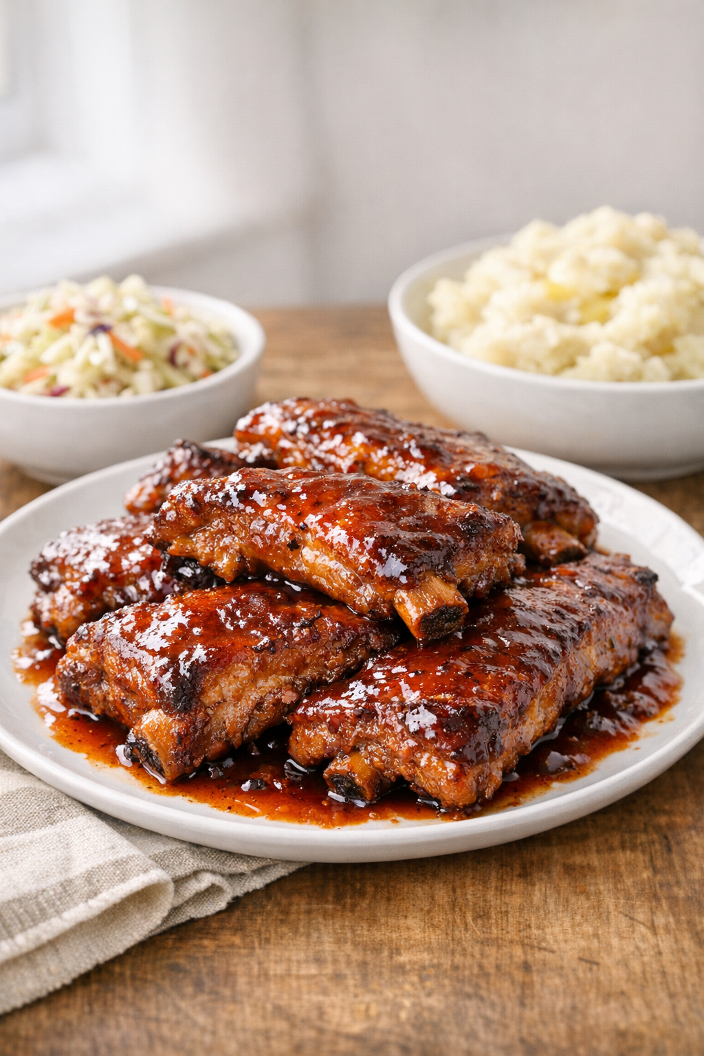 Finished slow cooker pork spare ribs plated with glossy sauce