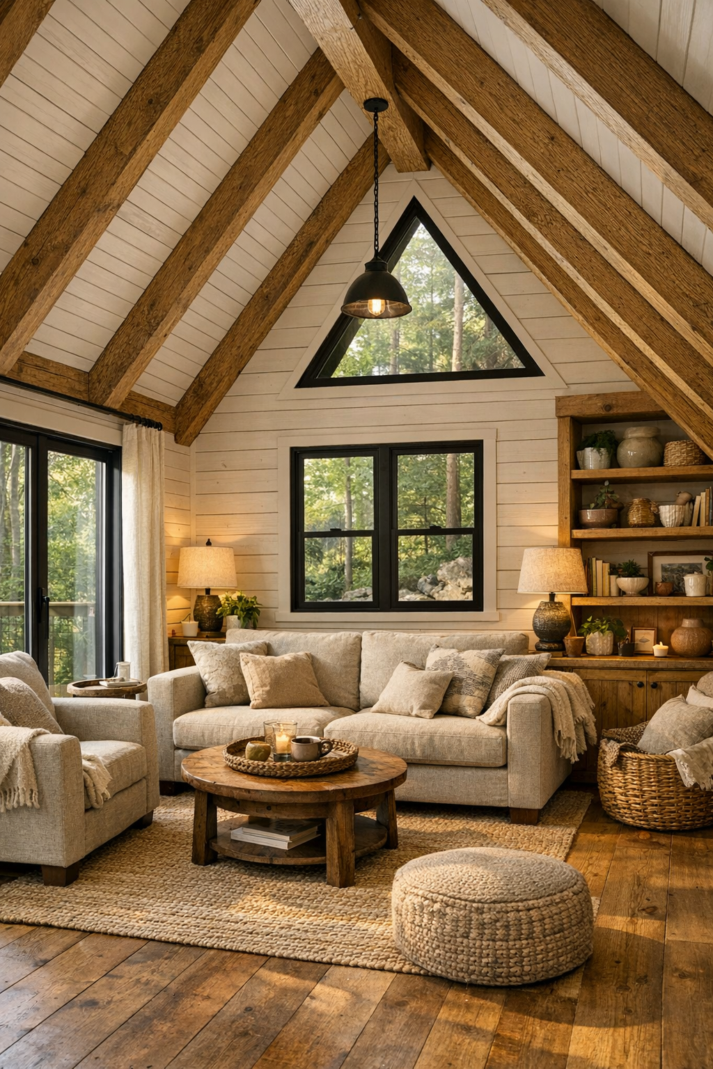 Bright A-frame living room with exposed timber beams, white plank walls, oatmeal seating, and handcrafted wood built-ins